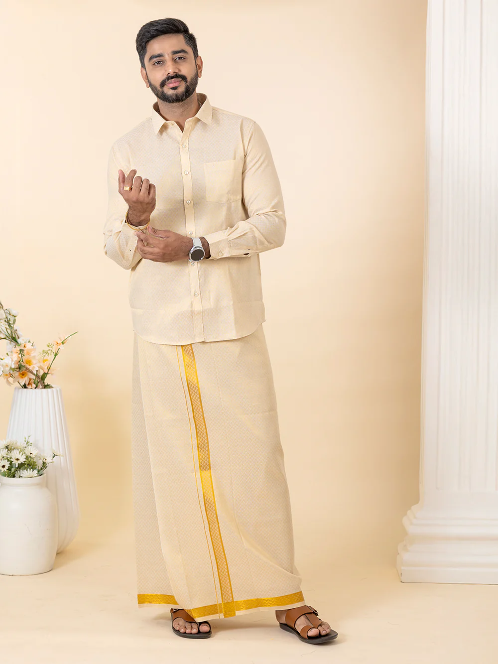 Men Gold Tissue Jacquard Shirt with Matching Dhoti Set GD12